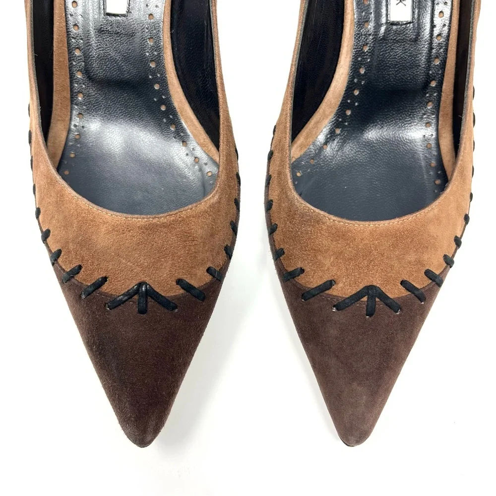 Manolo Blahnik Western Suede Kitten Low Heels Pumps Brown Tan Pointed Toe 40 10